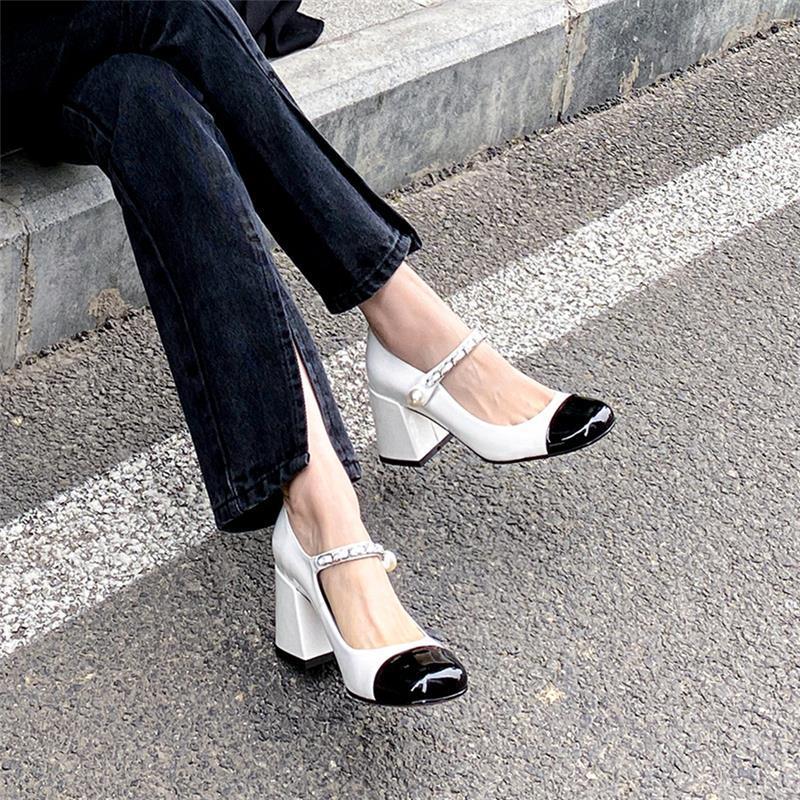 Pearl Mary Jane single shoes women's 2025 new thick heel square head one-word buckle French high heels medium heel versatile patent leather