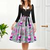 Women's Fashion Round Casual Slim Fit Christmas Print Large Swing Long Sleeve Dress