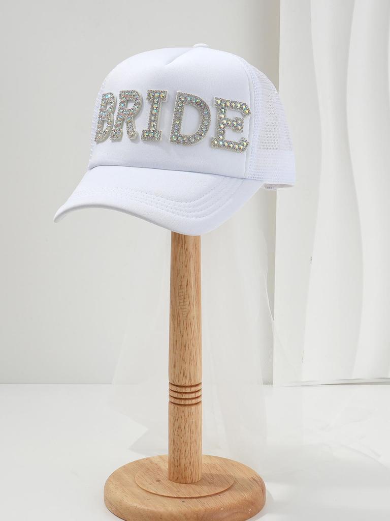 Unisex Casual Hat with Pearl Letters, Mesh & Bridal Veil for a Chic Engagement Party