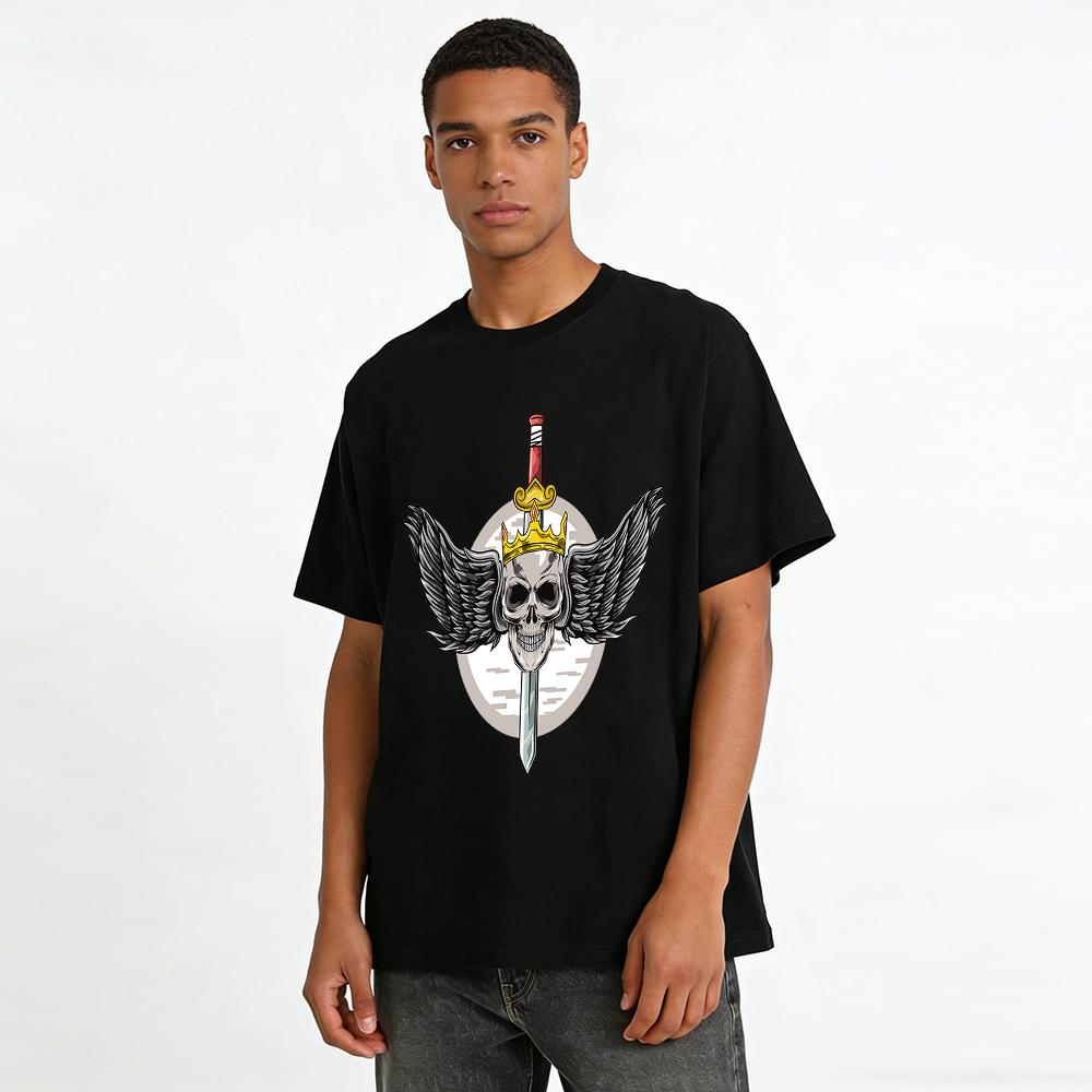 Skull Crown Sword Wing Dark Style Graphic Casual Short Sleeve Tee Pure cotton T-shirt