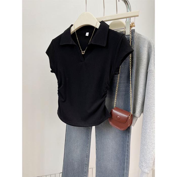 Women's Irregular Pleated Short Sleeve Cotton Polo Shirt