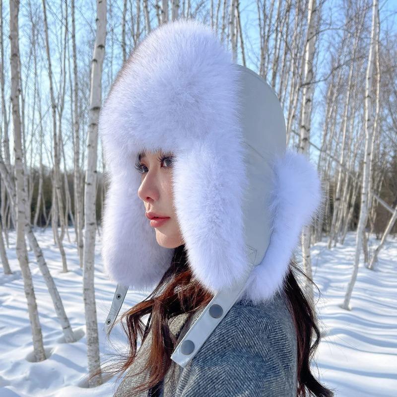 

Зимние теплые шапки с защитой ушей из натурального лисьего меха Женские шапки-ушанки из натуральной кожи, ветрозащитные и теплые, из лисьего меха, с утолщенной овчиной 59cm-61cm