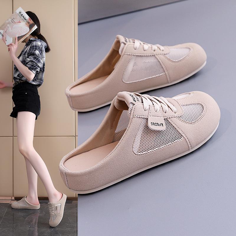 Fashion Women's Shoes Fashion Mesh Breathable Flat Shoes Non Slip Round Toe Outdoor Women's Lace Up Baotou Half Slipper Sandalias Mujer