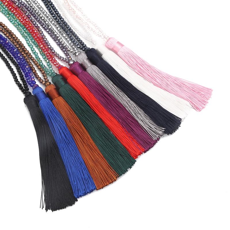 Fashion 14 Colors Long Fringe Silk Tassel Necklace Women Glass Bead Crystal Pendant Necklaces Statement Vintage Bohemian Jewelry