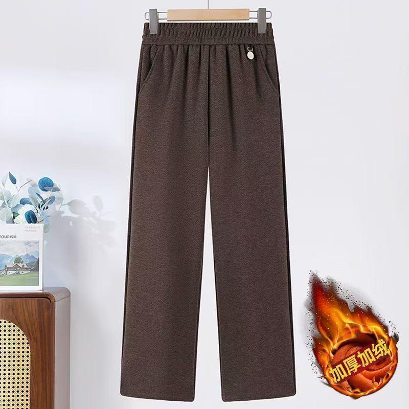 High-Waisted Woolen Herringbone Wide-Leg Pants, Plus Velvet, Thickened and Slimming, for Middle-Aged and Elderly Women