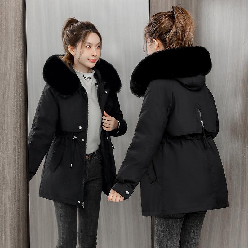 

Осенне-зимний стиль, преодолевающий женские хлопковые куртки, пуховики, большой воротник из шерсти, хлопковые пуховики, хлопковые пальто с толстым бархатным пуховиком M чёрный