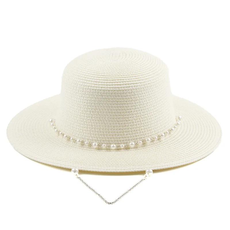 Women Summer UV Protection Straw Sun Hat Wide Brim Korean Style Pearl Decor Beach Foldable Travel Elegant Lightweight