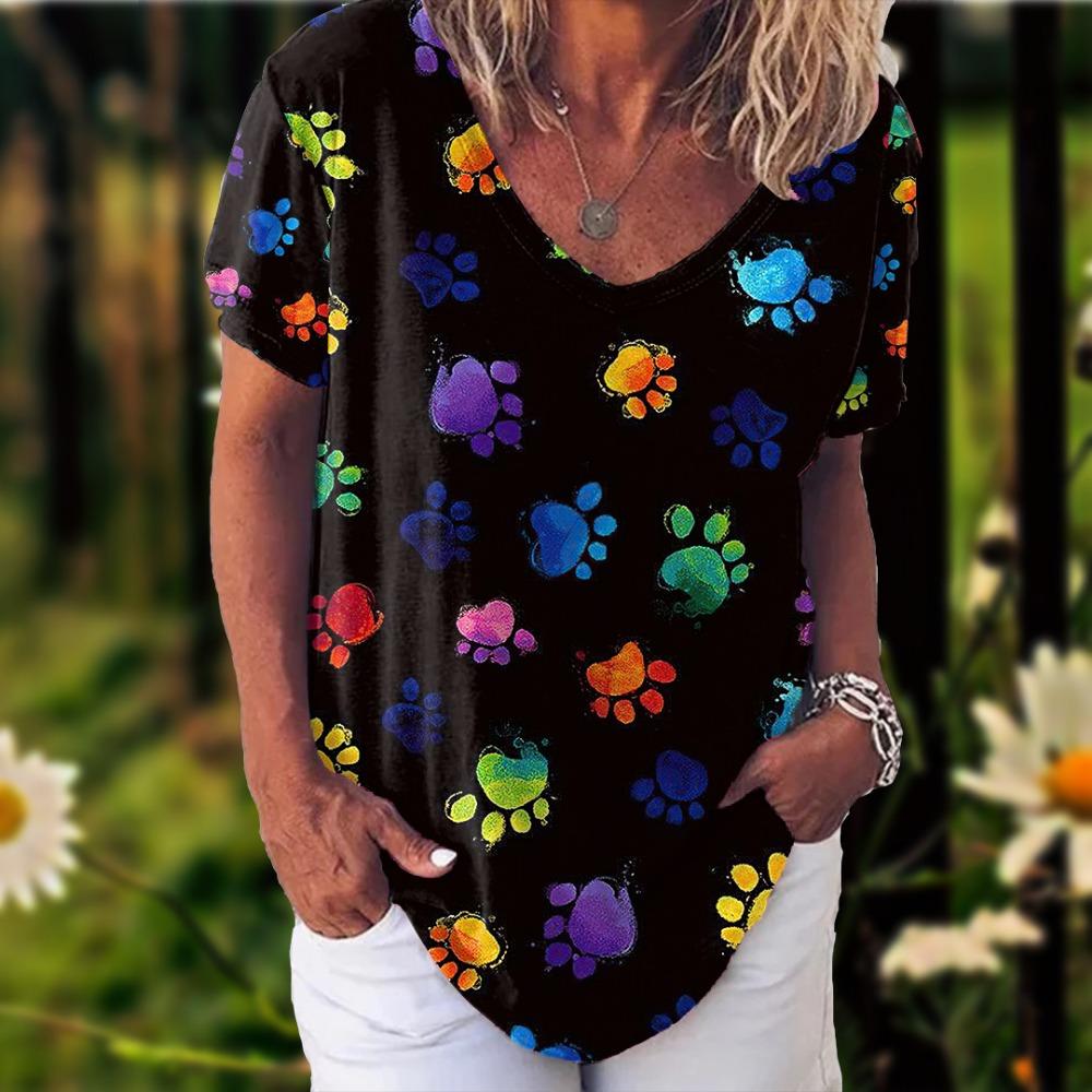 New Rainbow Watercolor Dog Paw 3D Printing T-shirt Women's V-neck Casual Short-sleeved Y2k Top Harajuku Tees Clothing