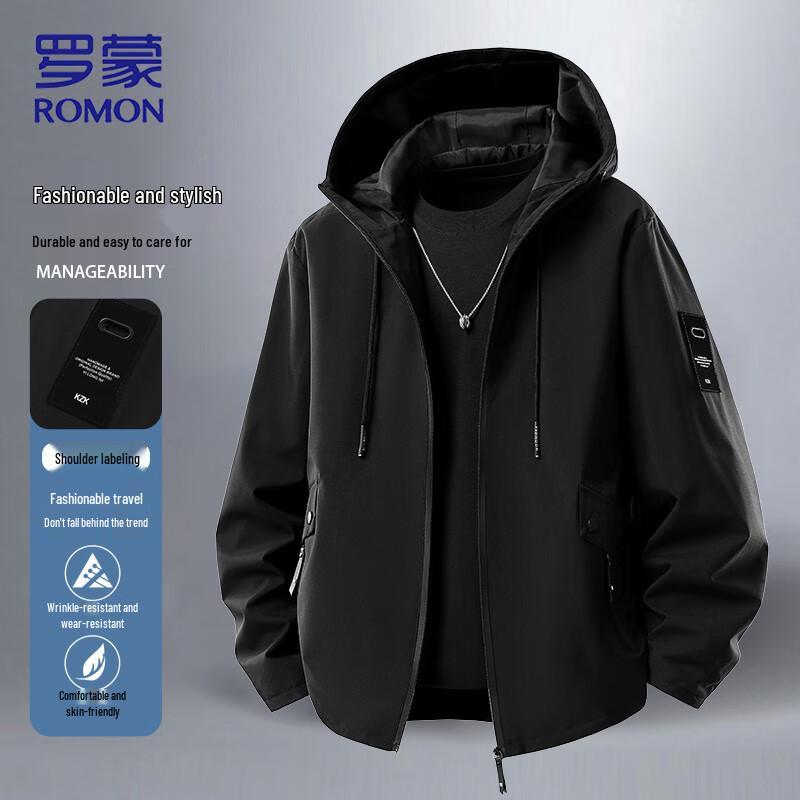 ROMON Men's Solid Color Hooded Casual Jacket