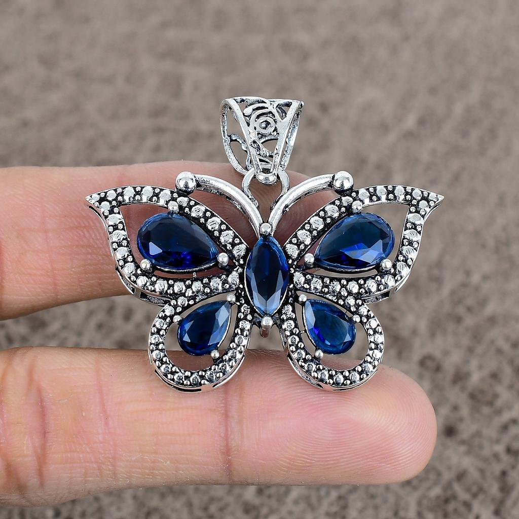 Blue Topaz Gemstone Handmade 925 Sterling Silver Jewelry Pendant 1.65" KKG-90