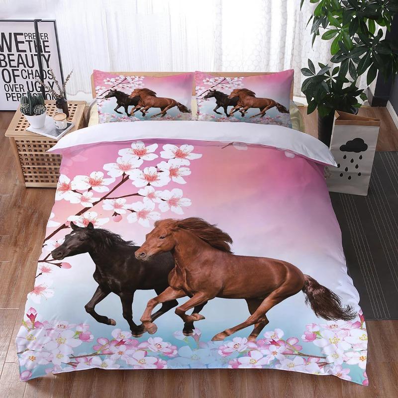 Kirschblüten Pferd Bettdeckenbezug Bettwäschesets für King 3D-Druck Graslandtiere Bettbezug-Set Hohe Qualität Mikrofaser