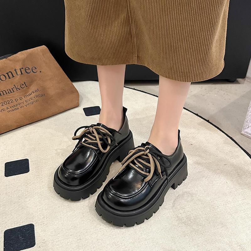 Kleine Lederschuhe Damen neue Studentin vielseitig runde Spitze dicke Sohle mit Rock lässige einzelne Schuhe JK