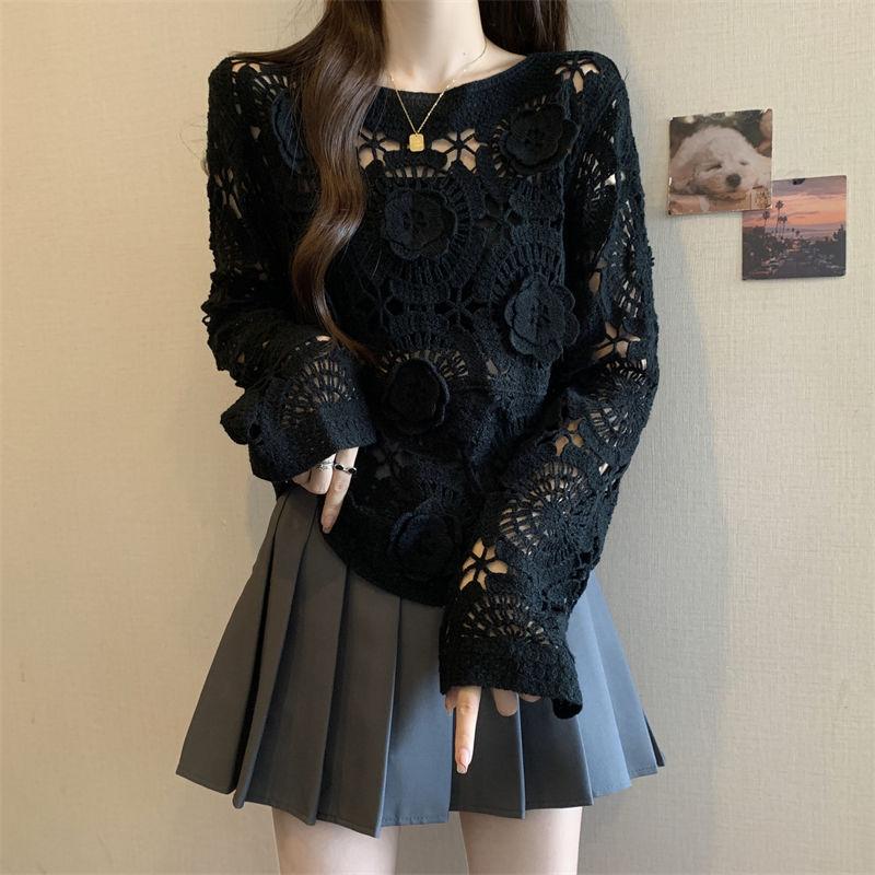 

Вязаный свитер французской вязки крючком, женский, осенне-зимний, больших размеров, с объемным цветочным узором 2XL чёрный