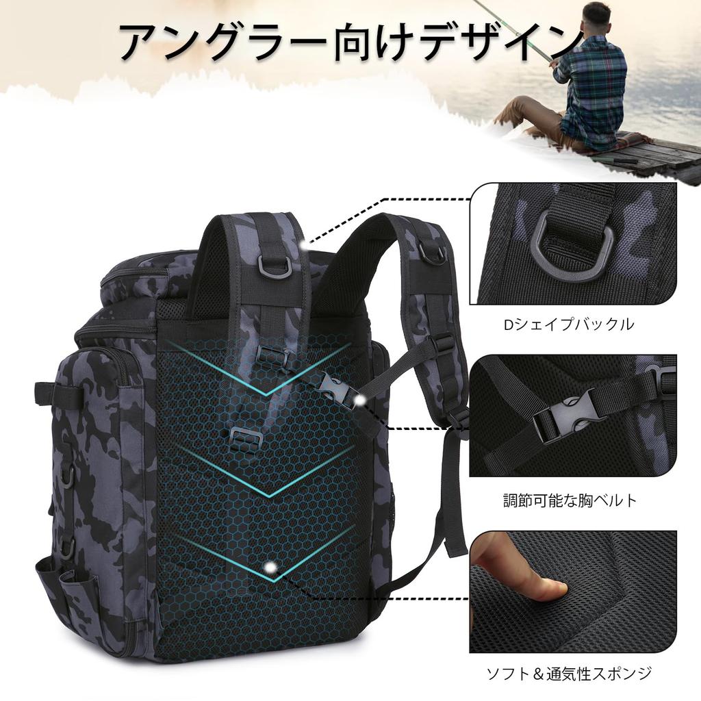 Fishing Backpack with Rod Holders - 45L Large Waterproof Fishing Bag for Outdoor Camping and Hiking (Black Blue Camouflage)