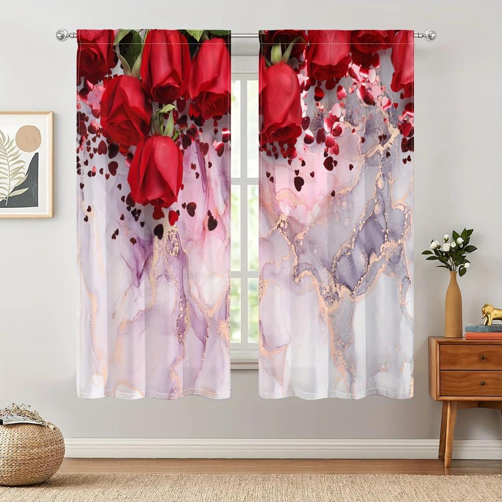2stk Red Rose Abstrakt Marmormønster Gardiner Stanglomme Valentinsdagsdekorasjon Trykt Lysfiltrerende Kjøkkengardin