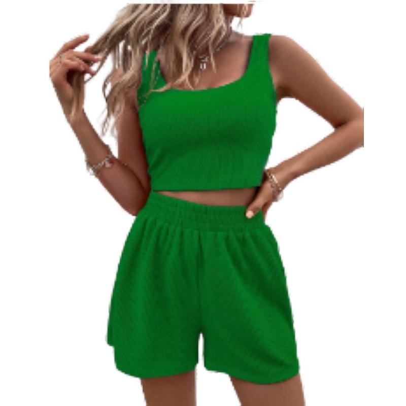 Damen Zweiteiler Sommer Strick Ärmelloses Crop Top und High Waist Kurze Lounge Sets