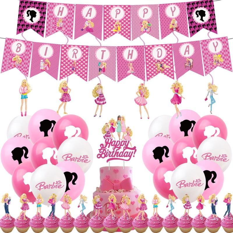 Barbie Doll Themed Purple Birthday Party Decoration Set With Cartoon Flags, Latex Balloons, And Cake Toppers