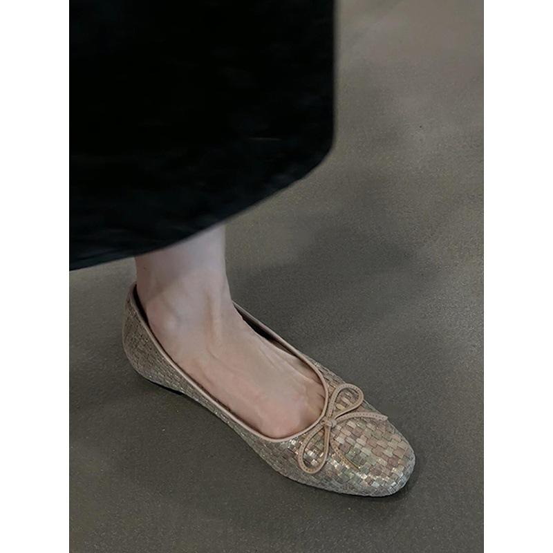 Sheepskin Version~ French Retro Bow Woven Flat-bottomed Ballet Shoes Women's Korean Version Leather Versatile Light Mouth Single Shoes
