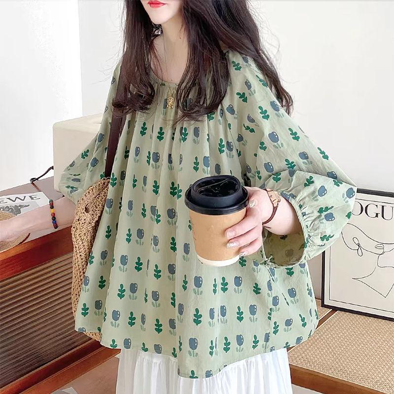 

Детская рубашка-топ для женщин, летняя новинка, французская милая, пуловер одной длины, хлопковая рубашка с цветочным принтом тюльпан XL зелёный