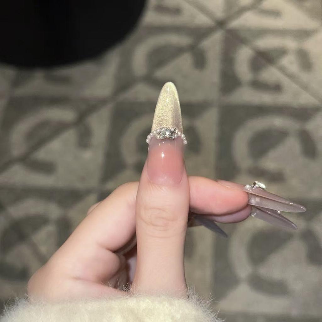 Advanced Sense of Cat Eye French Nail Art Piece Diamond Pearl K9 Drill Wear Armor Pure Handmade