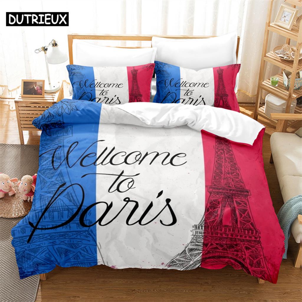 3D Digital-Printed Eiffel Tower-Themed Duvet Cover Set in Queen Size - Fashionable Bed Linen Design