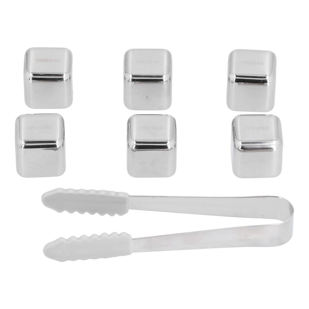 6Pcs Stainless Steel Ice Cubes Reusable Whiskey Wine Beer Beverages Ice Stone with Clamp