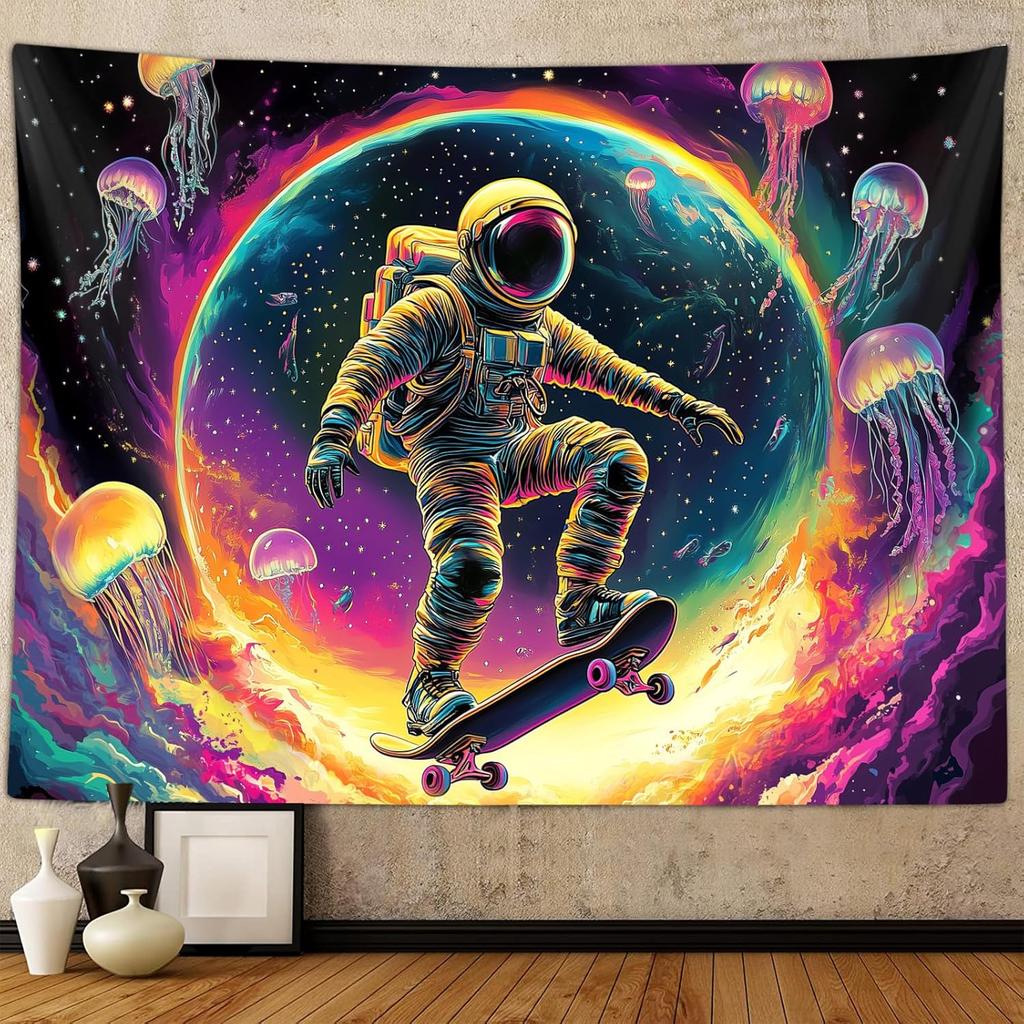 Funny Space Frog Mushroom Tapestry for Men Guys Bedroom Cool Trippy Universe Planet Ocean Art Tapestries Wall Hanging College