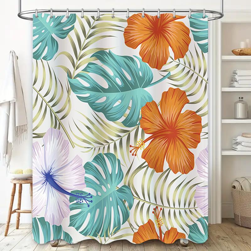 Modern Bathroom Shower Curtains with Bright Floral Design Waterproof Fabric for Bathtub Decoration in Blue Green Orange White Pu