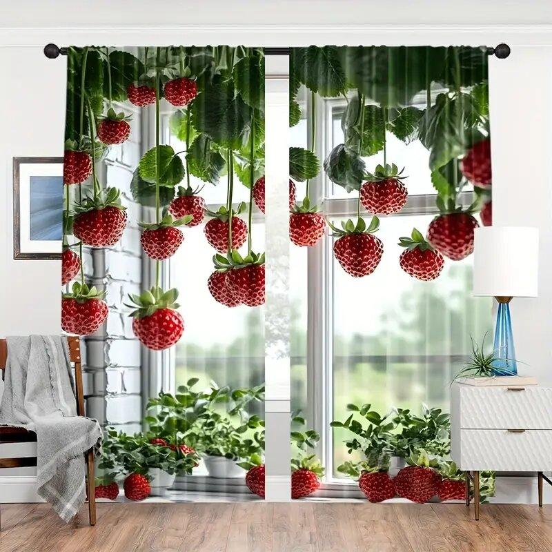 Strawberry Green Leaf Printed Curtains Are Suitable Bedrooms Living Rooms Home Decoration Christmas Curtain Made Of Polyester Washable Area Ready