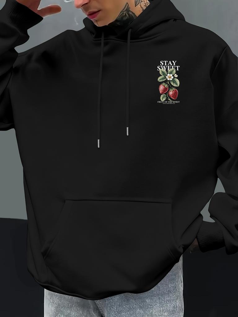 Unisex Stay Sweet Strawberry Print Hoodie Men Back Graphic Pullover Sweatshirt Vintage Botanical Casual Streetwear Long Sleeve Hooded Top