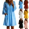 Modisches farbenfrohes lockeres Button-V-Ausschnitt Langarm Lockeres Kleid für Damen