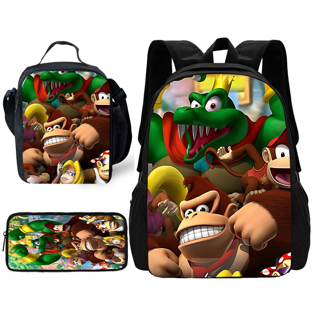 Child School Cartoon Donkeyeds Kongs Bananzaeds Backpack with Lunch Bags ,Pencil Bags ,School Bags for Boys Girls Best Gift