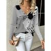 Fashion Women's V-Neck Long Sleeve 3D Floral Color Printing Casual Long Sleeve V-Neck T-Shirt