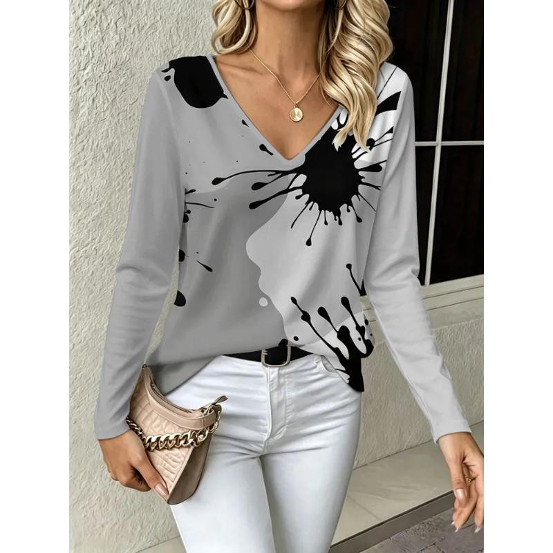 Fashion Women's V-Neck Long Sleeve 3D Floral Color Printing Casual Long Sleeve V-Neck T-Shirt