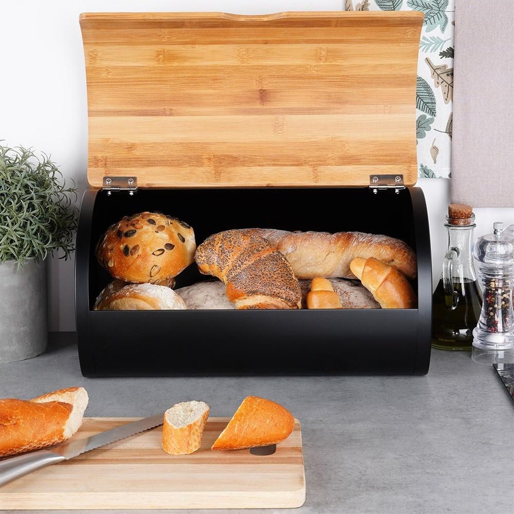Black Metal Bamboo Bread Bin Kitchen Container for Bread
