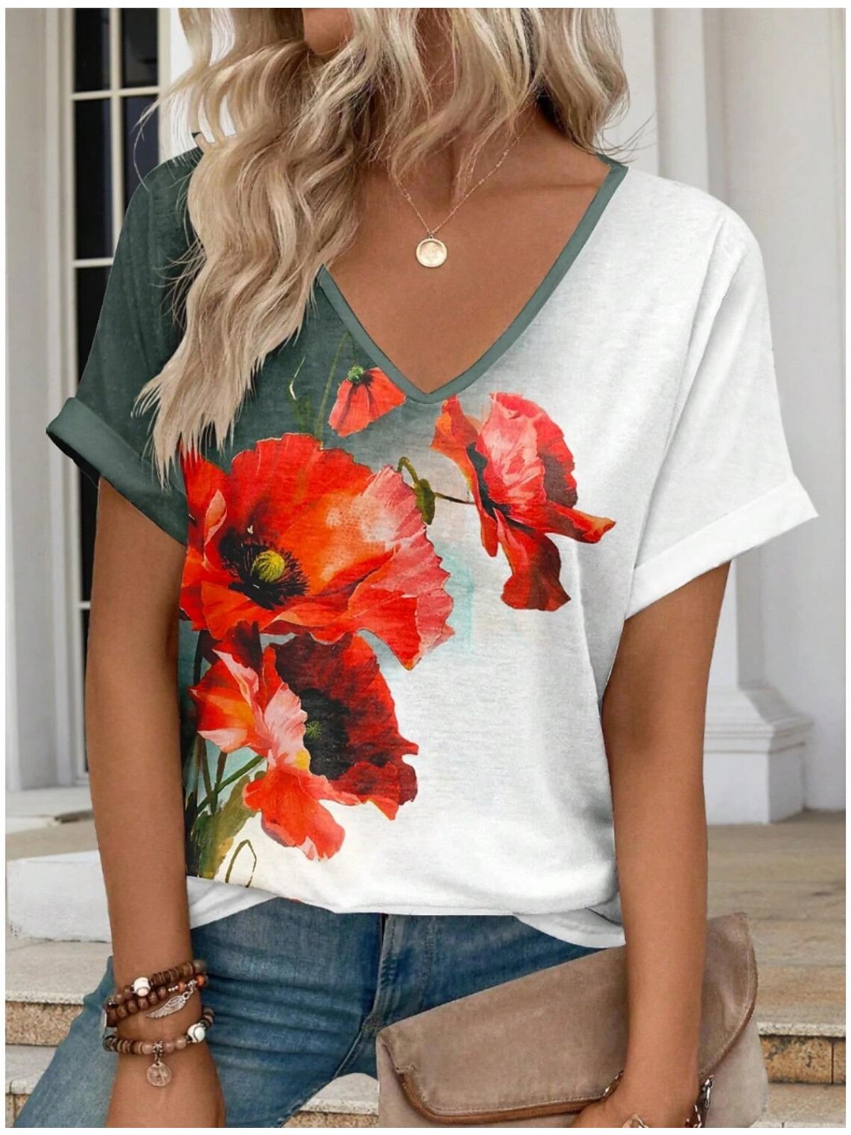 

Женская модная футболка с графикой растений, модная 3D-принт, V-образный вырез, обычный топ, повседневная футболка на лето, Y2K-топ 5XL