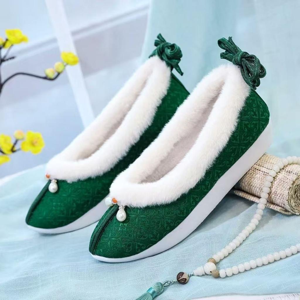 Women's Ethnic Style Shallow Flat sole Cotton Shoes Winter New Plush Keep Warm Ankle Strap Hanfu Shoes Cloud Ascending Shoes