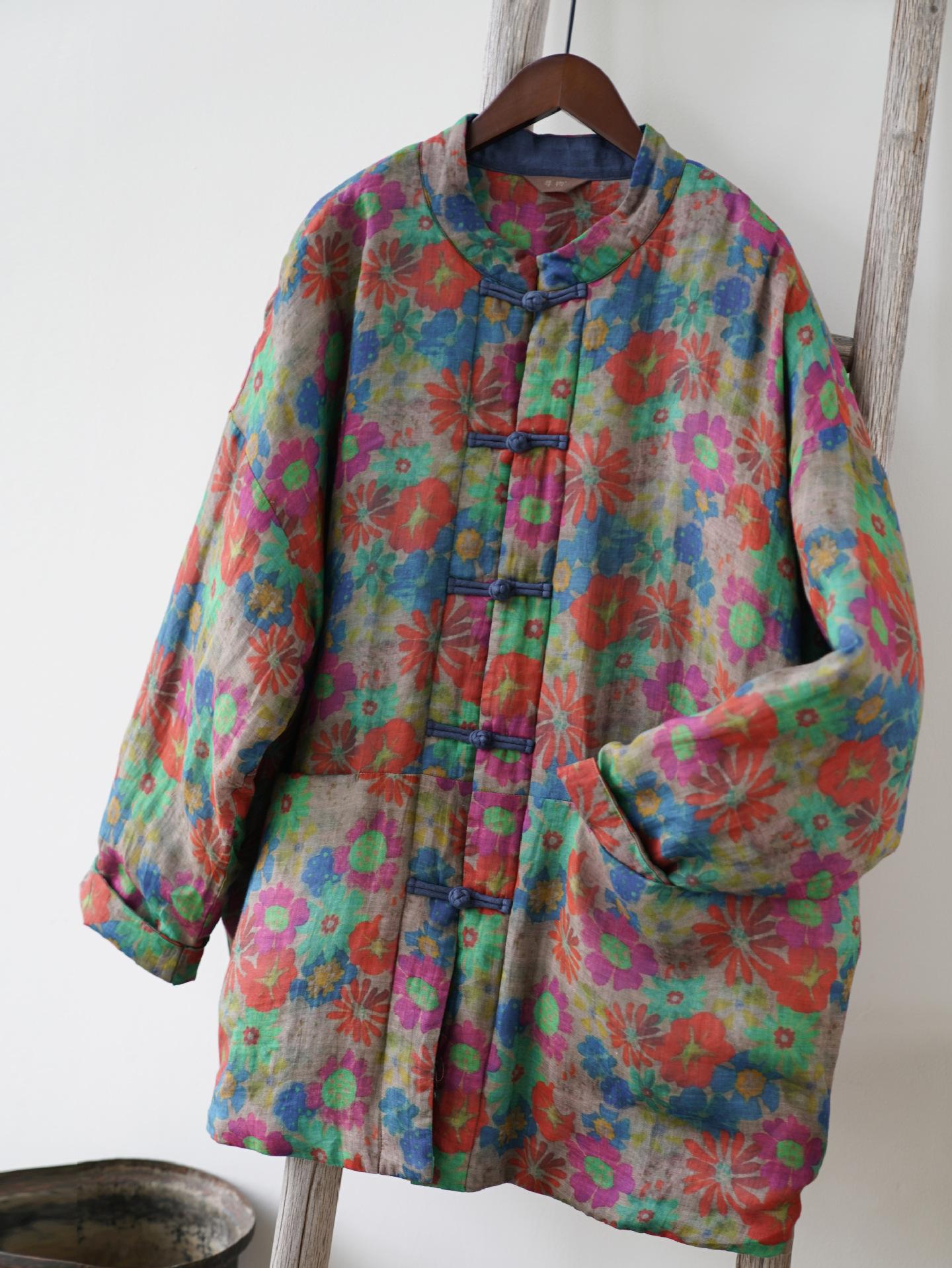 

Johnature Women Vintage Winter Print Floral Stand Long Sleeve Button Coats Chinese Style Long Sleeve Coats One Size