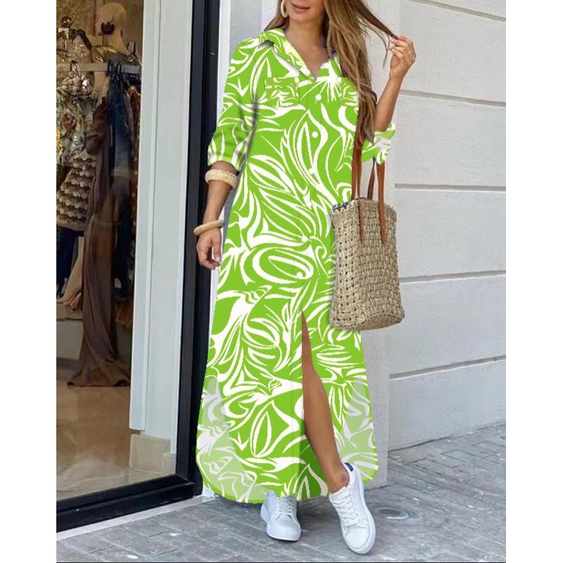 Dames Casual Dagelijkse Lange Mouw Omgeslagen Kraag Jurk Knopen Kettingen Print Mode Streetwear Jurk Losse Lange Jurk