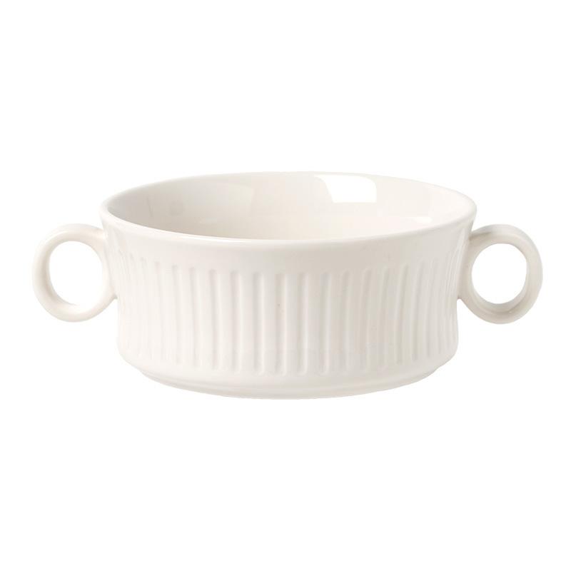High Value Ceramic Characteristic Relief Binaural Bowl Solid Color Tableware Bowl Household Soup Bowl Yogurt Dessert Bowl Vegetable Bowl Noodle Bowl