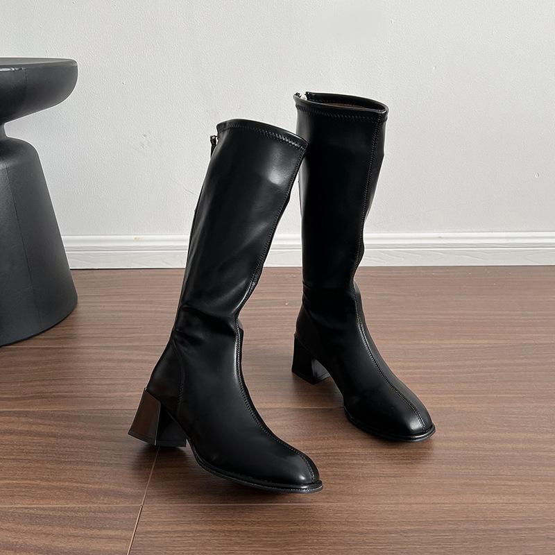 

But knee leather boots women s 2024 autumn and winter new British style fashion small slim high-heeled knight women s boots 35 чёрный