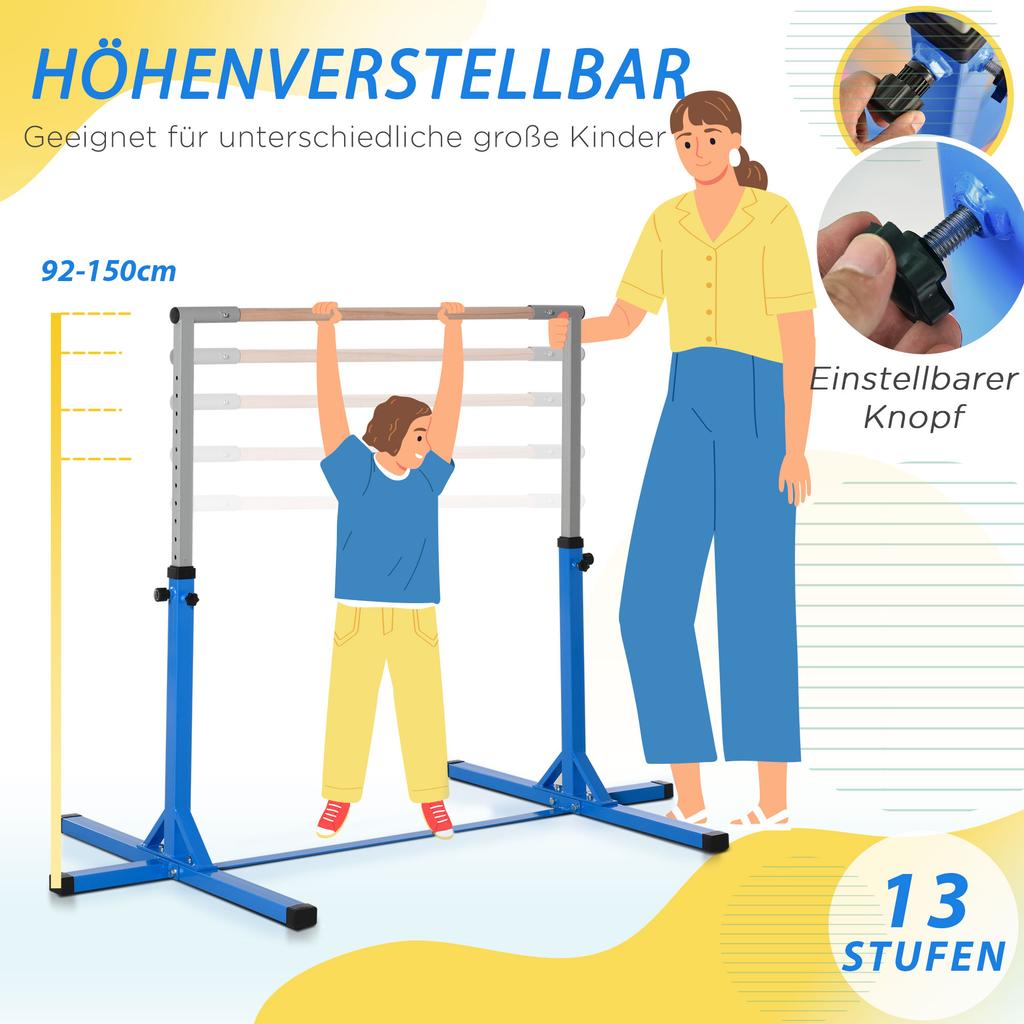 Sbarra Orizzontale da Ginnastica Regolabile in Altezza per Bambini, Bambini Junior Kip High Bar Fitness, Blu