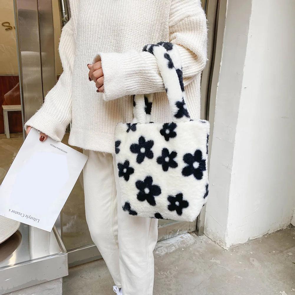Women Bag Autumn Winter Flower Printed Underarm Bag Fluffy Tote Bag Plush Soft Handbags Ladies Large Capacity Furry Shoulder Bag