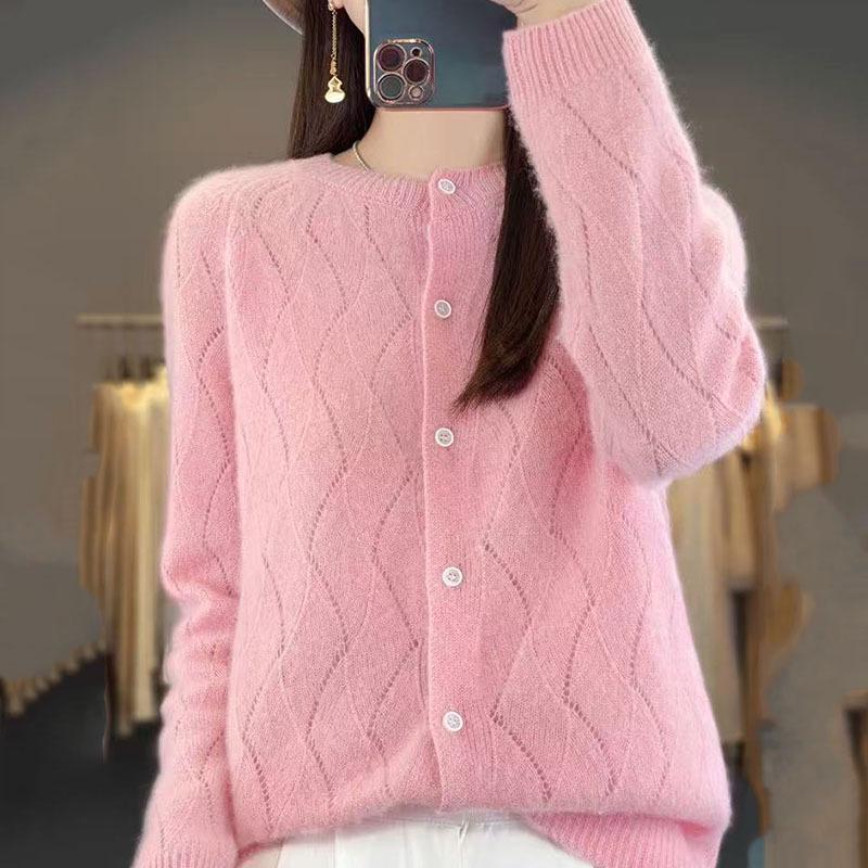2025 Women's Australian Wool Hollow Twist Knit Cardigan - Round Neck, Buttoned, Loose Fit, Slimming Sweater for Autumn/Winter
