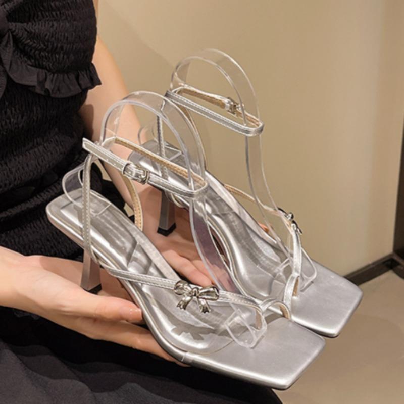 

Fashion Stiletto Sandals Summer New Square Head Set Foot Metal Butterfly Knot Thin Belt Anti-slip Wear-resistant High Heels 35
