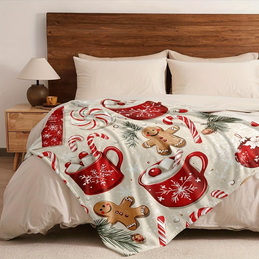 Christmas Cocoa Gingerbread Flannel Blanket - Red & White | Mugs/Candy Canes/Snowflakes | Sofa/Bed/Travel/Office Holiday Use