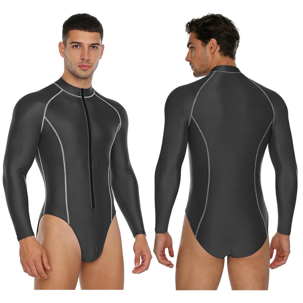 #M-4XL Mens Glossy Bodysuit Mock Neck Long Sleeve Front Zipper Leotard Jumpsuit Rash Guard for Beach Surfing Swimming Workout