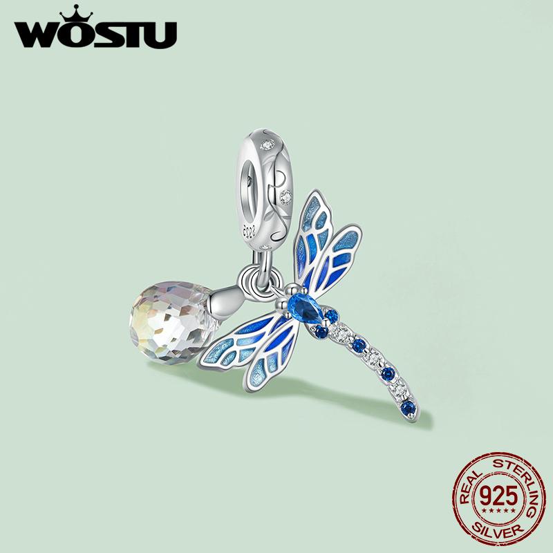 WOSTU 925 Sterling Silver Glow in the dark Firefly Charms Dragonfly Crytal Pendant Flower Beads Fit DIY Bracelet Necklace Gift