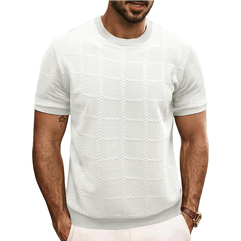 Fashionable Men's Short-sleeved T-shirt Jacquard Sweater Round Neck Striped Solid Color Versatile Casual Pullover Top