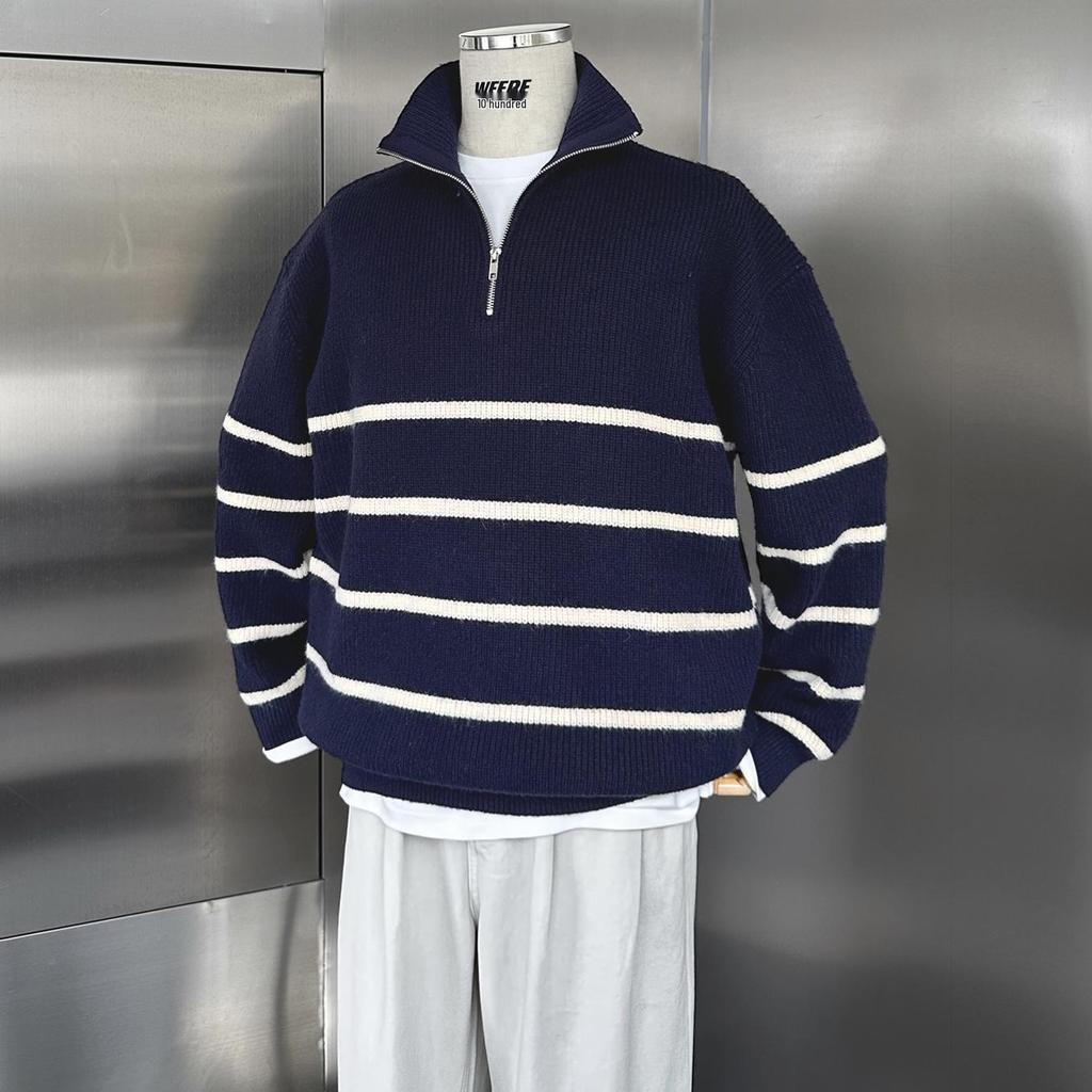 Men's Casual Striped Half-Zip Pullover Sweater - Stand-up Collar, Versatile Autumn/Winter Knitwear with High-End Feel
